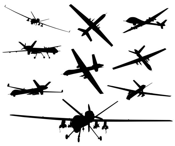 ilustrações, clipart, desenhos animados e ícones de arma. drones ajustados - drone