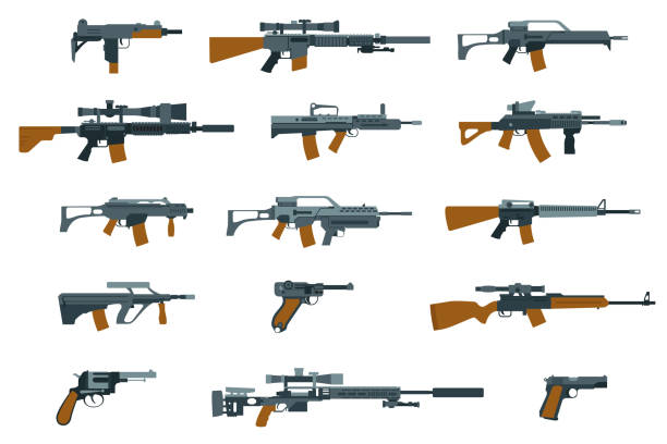 weapons flat icons. shotgun and machine gun - savaş aleti stock illustrations