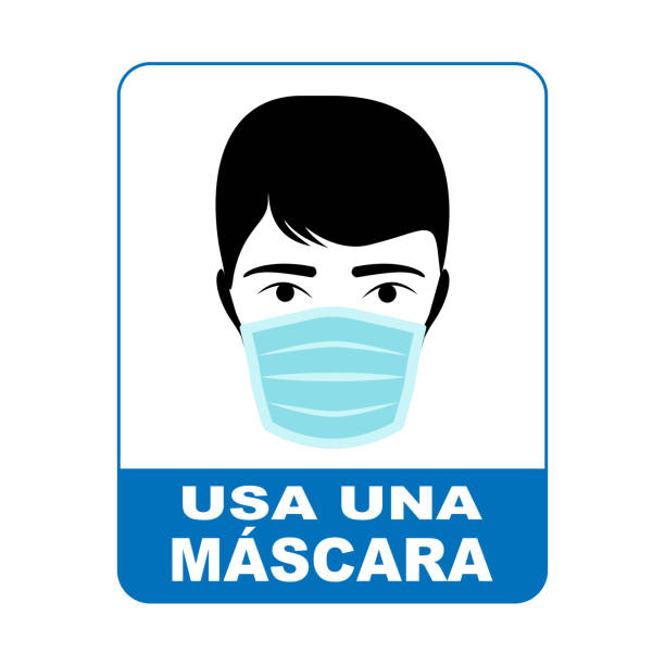 ilustrações, clipart, desenhos animados e ícones de use um sinal de máscara em espanhol - máscara covid