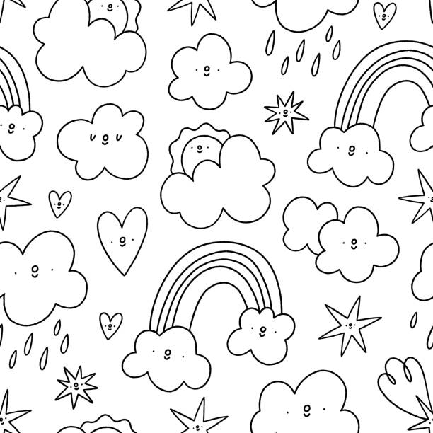 bildbanksillustrationer, clip art samt tecknat material och ikoner med weather conditions cartoon outline vector seamless pattern - cloud heart star, abstract