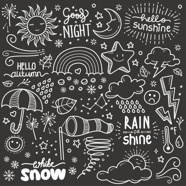 Weather Design elements. Vector Doodle Illustration Set in Blackboard Chalk Style.. Set of weather related objects and elements. Hand drawn vector doodle illustration collection in Blackboard chalk style.. lightning drawings stock illustrations