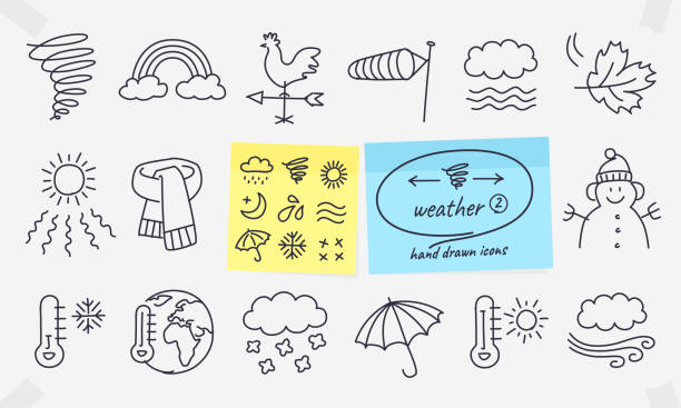 Weather doodles on coloured memos. Full vector drawings with editable strokes. climate illustrations stock illustrations