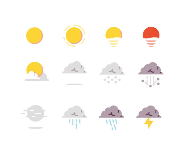 Weather Flat Icons Series 1 Weather Flat Icons Series including sunset, sunrise, sun, hail, heavy rain, fog, etc. weather illustrations stock illustrations