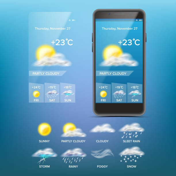 일기 예보 애플 리 케이 션 벡터입니다. 날씨 아이콘 설정합니다. 파란색 배경입니다. 모바일 날씨 응용 프로그램 화면입니다. 일러스트 레이 션 - 기상학 stock illustrations