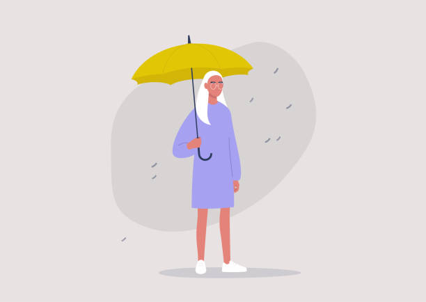 Weather forecast, rainy season, a young female character holding a yellow umbrella Weather forecast, rainy season, a young female character holding a yellow umbrella storm silhouettes stock illustrations
