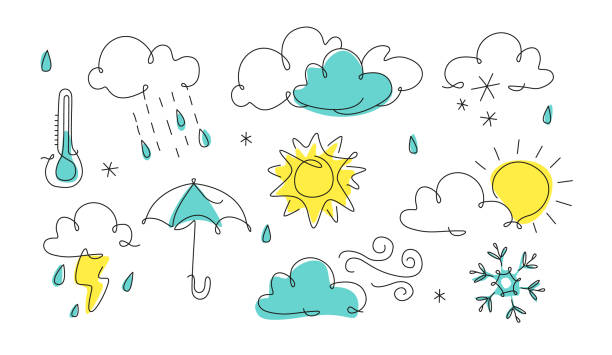 Weather icon in line art. One line style forecast illustration, continuous line. art outline. Cloud, Sun, thunder, rain, snowflake, wind. Weather icon in line art. One line style forecast illustration, continuous line. art outline. Cloud, Sun, thunder, rain, snowflake, wind. Vector illustration winter drawings stock illustrations
