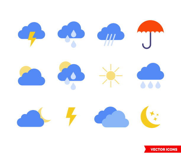 Weather icon set of color types. Isolated vector sign symbols. Icon pack Weather icon set of color types. Icon pack. Isolated vector sign symbols. lightning clipart stock illustrations