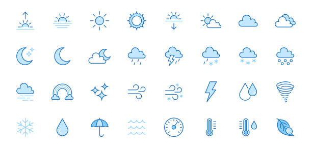hava durumu çizgisi simgeleri ayarlandı. güneş, yağmur, gök gürültüsü fırtına, çiy, rüzgar, kar bulutu, gece gökyüzü minimal vektör çizimler. web, tahmin uygulaması için basit düz anahat işaretleri. mavi renk, editable stroke - hava stock illustrations