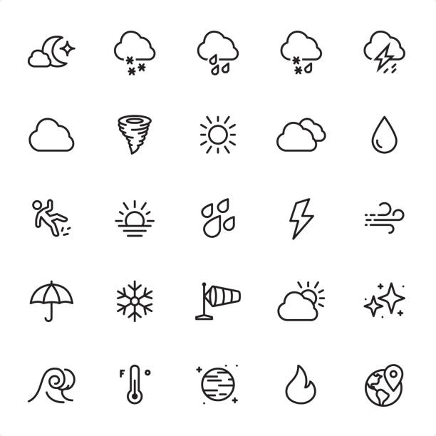 Weather - Outline Icon Set Weather - 25 Outline Style - Single black line icons - Pixel Perfect / Pack #35
Icons are designed in 48x48pх square, outline stroke 2px.

First row of outline icons contains:
Night, Snowing icon, Raining icon, Raining and Snowing icon, Thunderstorm;

Second row contains:
Cloud - Sky, Hurricane - Storm, Sun, Cloudscape, Drop;
  
Third row contains:
Slippery, Sunset and Sunrise, Raindrop, Lightning, Wind;   

Fourth row contains:
Umbrella, Snowflake, Windsock, Sun and Cloud, Stars;

Fifth row contains:
Wave, Thermometer, Moon, Flame, Geolocation icon.

Complete Grandico collection - https://www.istockphoto.com/collaboration/boards/FwH1Zhu0rEuOegMW0JMa_w lightning icons stock illustrations