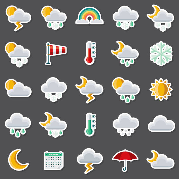 Weather Sticker Set A set of flat design icons in a sticker type format. File is built in the CMYK color space for optimal printing. Color swatches are global so it’s easy to edit and change the colors. lightning clipart stock illustrations