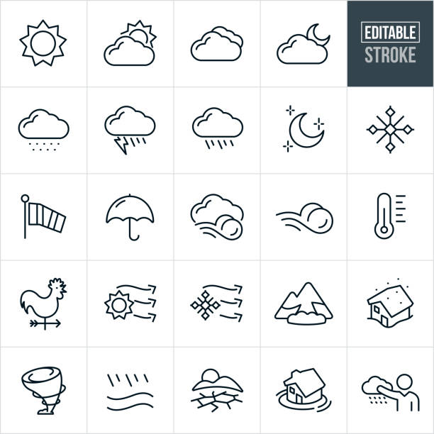 Weather Thin Line Icons - Editable Stroke A set weather icons that include editable strokes or outlines using the EPS vector file. The icons include a sun, clouds, moon, snow showers, rain showers, lightning, snowflake, windsock, umbrella, wind, thermometer, weather vane, avalanche, blizzard, tornado, flood, drought and other weather related icons. rain icons stock illustrations