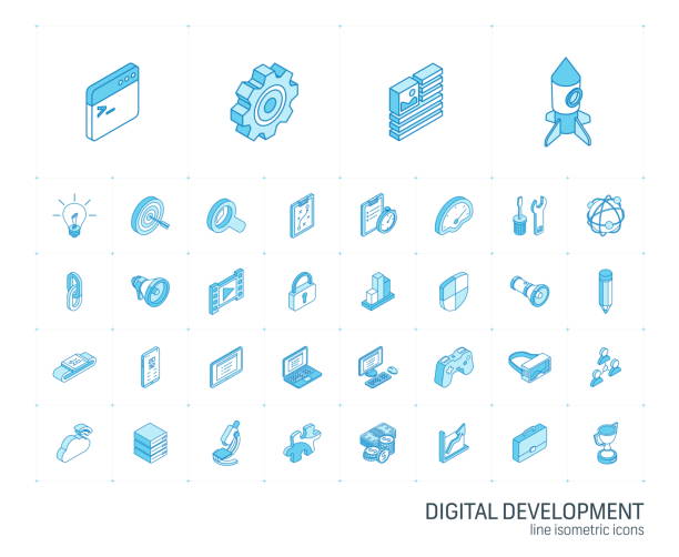 Web and App development isometric line icons. 3d vector Isometric line icon set. 3d vector colorful illustration with web and app development symbols. Digital network technology, coding, application, program data colorful pictogram Isolated on white hackathon stock illustrations