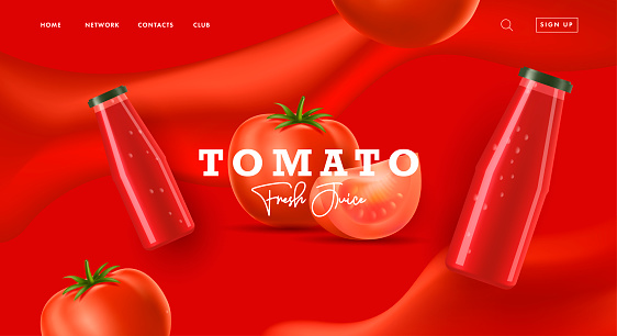 Web banner for tomato sauce or juice with 3d illustration of tomato and slice with glass bottle on red wevy background