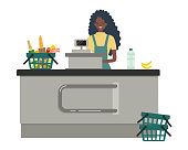 Web banner of a supermarket cashier. The young black woman is standing near the cash register. There is also a green shopping cart with products in the picture. Vector flat illustration.