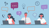 Web banner of call center workers. Support service icons. Young man and women in headphones are sitting at the desk on a blue background. People icons. Funky flat style. Vector illustration.
