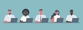 Web banner of call center workers. Young men and women in headphones sitting at the table on a blue background. People icons. Funky flat style. Vector illustration