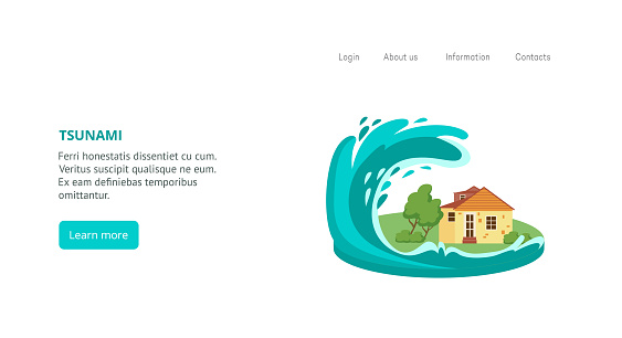 Web banner template with tsunami natural disaster, flat vector illustration.