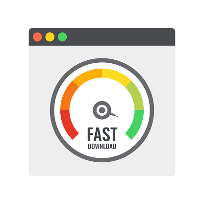 Web browser. Speedometer test showing fast good page loading speed time. Vector.