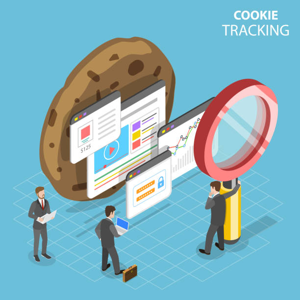 web-cookie-tracking flach isometrische vektor-konzept. - food data stock-grafiken, -clipart, -cartoons und -symbole