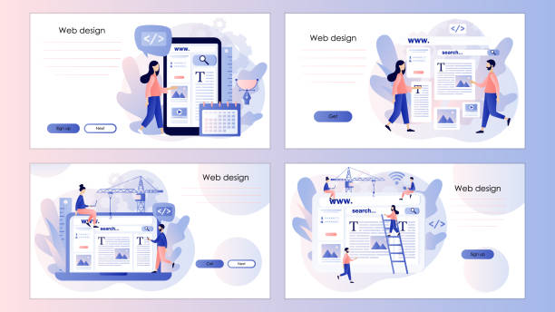 Web design concept. Tiny people building webpage. Website interface design. Software development process. Screen template for landing page, template, ui, web, mobile app, poster, banner, flyer. Vector Web design concept. Tiny people building webpage. Website interface design. Software development process. Screen template for landing page, template, ui, web, mobile app, poster, banner, flyer. Vector illustration web design stock illustrations