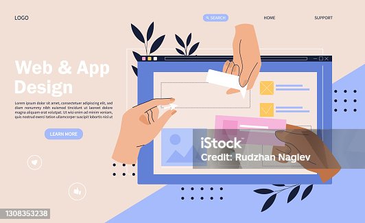 istock Web design concept with hands placing elements onto a digital device screen 1308353238