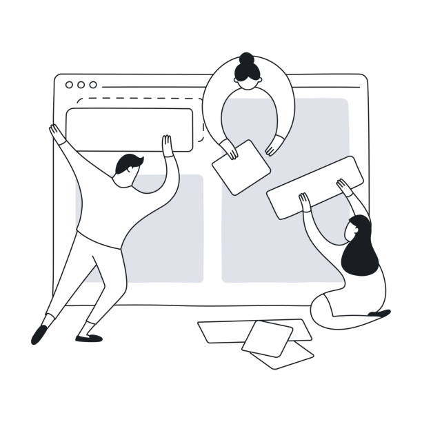 Web design, prototyping, creation of the website interface Team of designers and developers construct an interface from blocks. Flat clean line vector illustration on white user experience stock illustrations