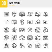 Web Design - thin line vector icon set. 30 icons. Pixel perfect. The set includes a Web Designer, Web Page, Text Writing, Coding, Color Swatch, SEO, DDoS Protection, High Performance, Website Safety, Work Tools, Responsive Web Design, Typewriter, Links Update.