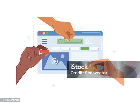 istock Web designers editing UX architecture of website for users. Vector in flat style. Changing page of social media, working on content, pictures and video in feed. Programming and managing process 1356139194