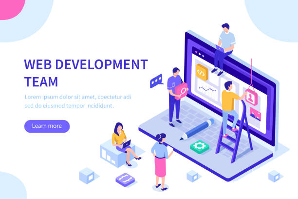 web development People team work together in web industry. Can use for web banner, infographics, hero images.  Flat isometric vector illustration isolated on white background. web design stock illustrations