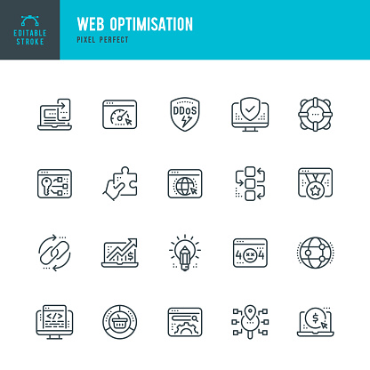 Web Optimisation - thin line vector icon set. 20 linear icon. Pixel perfect. Editable outline stroke. The set contains icons: Web Page, Speed Performance, Error Message, Link Update, Internet Security, Encryption, Search Engine.