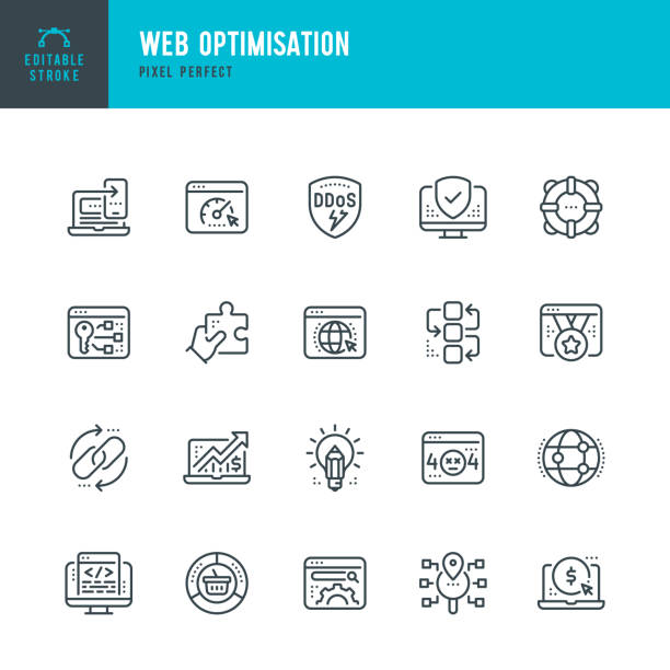 Web Optimisation - thin line vector icon set. Pixel perfect. Editable stroke. The set contains icons: Web Page, Speed Performance, Error Message, Link Update, Internet Security, Encryption, Search Engine. vector art illustration