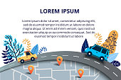 istock Web page design templates for travelling, journey, trip, car tour, roads and auto. Street Map with navigation icons. Navigation concept. Vector illustration with road and traffic jam 1133133340