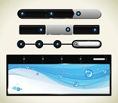 Collection of web buttons, elements, navigation menu and header with water bubbles background for web sites. Illustration contains transparency in bubble light and reflection shapes and in background blue flow shapes. EPS 10.
