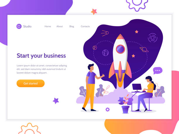 Web startup banner Launch of a new business project. Web banner design template. Startup concept. Teamwork and development. Flat vector illustration. rocketship backgrounds stock illustrations