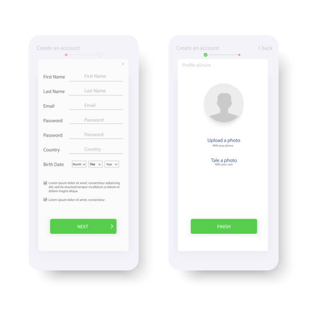 Web template and elements for registration on the website or mobile application. Account registration. Create new account. Signup screen. Notification screens. Registration form. Vector illustration  signup stock illustrations