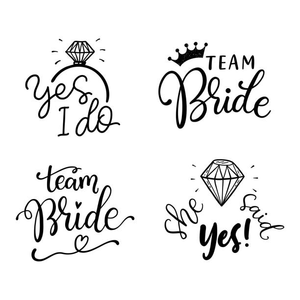 Web Bachelorette party, hen party or bridal shower hand written calligraphy set, greeting card, photo booth props. bride stock illustrations