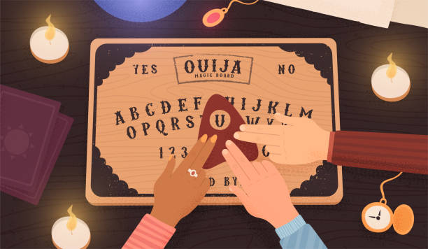 Web Ouija board. Communicating with ghosts. People conducting a seance using a spiritual board. Top view ouija board stock illustrations