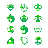 A collection of logos with chameleon. Cute character for a business emblem. Set of vector lizard mascot.
