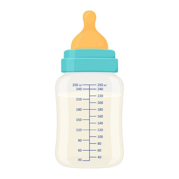 Web Baby milk bottle. Plastic container with measurements, filled with milk infant formula. Vector flat illustration of filled newborn baby milk bottle with silicone nipple isolated on white background baby formula stock illustrations