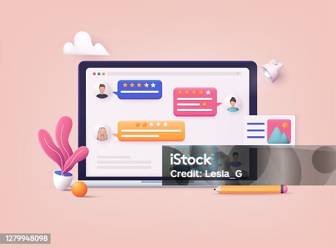 istock 3D Web Vector Illustrations. Laptop with review rating. Reviews stars with good and bad rate and text. 1279948098