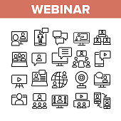 Webinar Education Collection Icons Set Vector. Internet Online Webinar, Video Seminar And Conference, Computer And Smartphone Concept Linear Pictograms. Monochrome Contour Illustrations