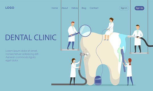 Webpage Layout Vector Illustration With Buttons And Writings On Blue Background With Male And Female Characters. Dental Clinic Concept Composition In Flat Cartoon Style. Big Tooth And People Around