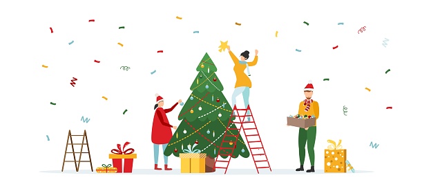 WebPeople decorate the Christmas tree. Happy family near the Christmas tree and gifts. Merry christmas. Vector illustration.