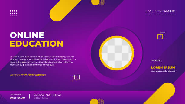 Website banner template for Online education, E-learning, conference event etc. With Purple and yellow modern background vector art illustration