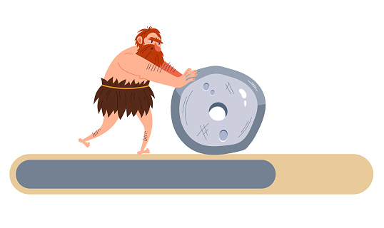 Website caveman loading scale concept. Vector flat graphic design cartoon illustration