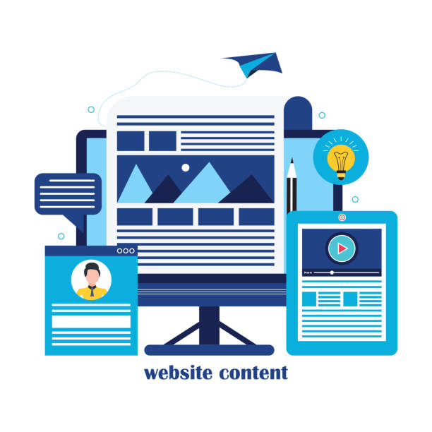 Website Content Creation concept USA, India, Content - Information Medium, Computer, Webpage, Marketing, E-Mail, Blogging contented emotion stock illustrations