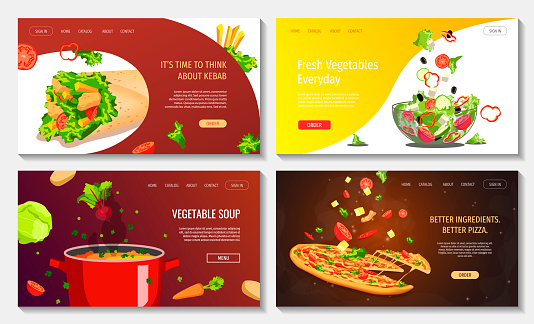 Website design for Healthy food and cooking, Natural products, Recipes, Online menu, Fast food. Vegetable soup, pizza, kebab, fresh salad.