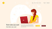 Website design. Freelancer woman working on laptop. Home office, freelance, studying concept. Vector illustration for poster, banner, website development.