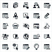 A set of icons of webpages, websites and website design. The icons include webpages, responsive design, websites on desktops and mobile phones, e-commerce functionality, chat, blog, website views, launch, video capabilities, marketing, editing, internet search, hosting, computer bugs, web traffic and statistics, pay per click advertising, cyber security, website coding, banner ads, creativity and construction to name a few.
