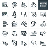 A set of website design icons that include editable strokes or outlines using the EPS vector file. The icons include a website, website on a mobile phone, shopping cart on tablet PC, two people engaged in an online chat, website views, rocket ship launching, online video, website with megaphone, website metrics and analytics, online search from mobile phone, cloud computing, computer bug, website data, web designer, security, website build, computer programmer, online sale, website editing, web designer holding light bulb and other related icons.